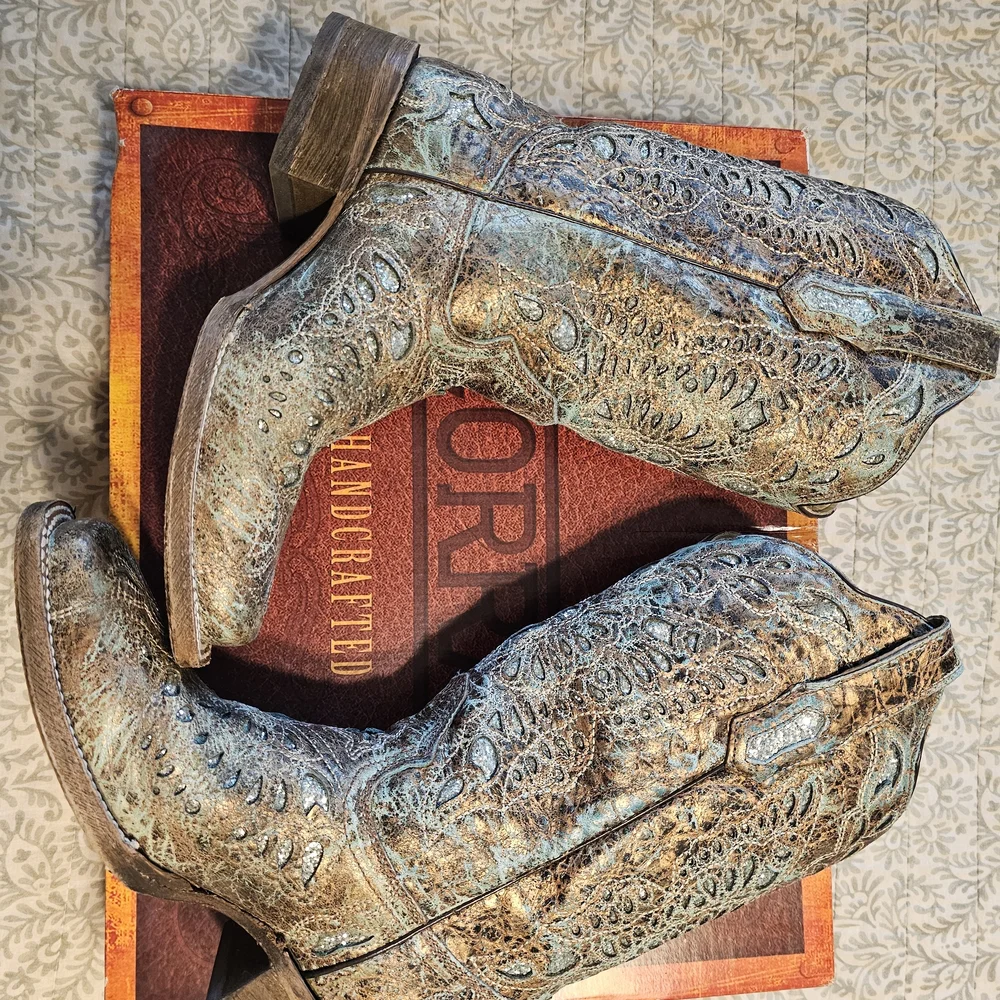 Corral Distressed Turquoise and Brown Ankle Boots - Picture 6 of 11